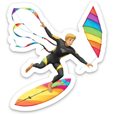 A kite surfer gliding across the ocean, with a colorful kite soaring high in the sky and the surfer carving through the waves. The scene captures the energy and freedom of the sport, with the sun shining and the ocean's waves splashing around. sticker