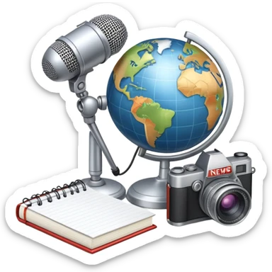An icon showing a microphone, a notepad, and a camera, symbolizing journalism. The design includes a globe in the background, representing global news, and a breaking news banner for emphasis. Transparent background highlights the dynamic world of media and reporting. sticker