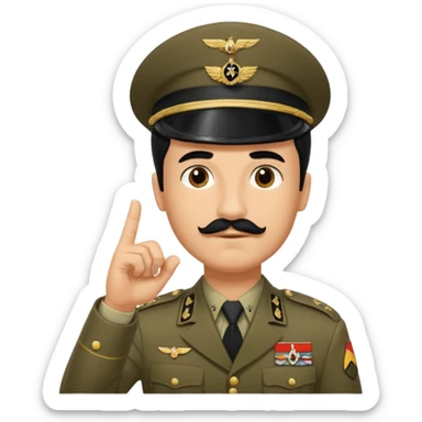 A man in German World war 2 in uniform have his arm Fully extended outward with all of his his fingers strait and outward. He has black hair in a side part, mid 50’s and has a small square mustache sticker