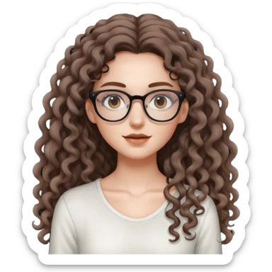 aesthetic white girl with cool colored brown, very long curly hair, she wears an offwhite top and wears thin square glasses and her eyes are black sticker