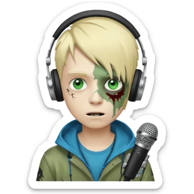 boy zombie whit blonde emo hair and eyes blue and green skin and heandphones and a microfone sticker
