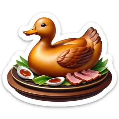 Cinematic Realistic Peking Duck Dish Emoji, depicted with crispy, roasted duck with glistening skin and succulent meat, rendered with rich textures and dramatic, appetizing lighting. sticker