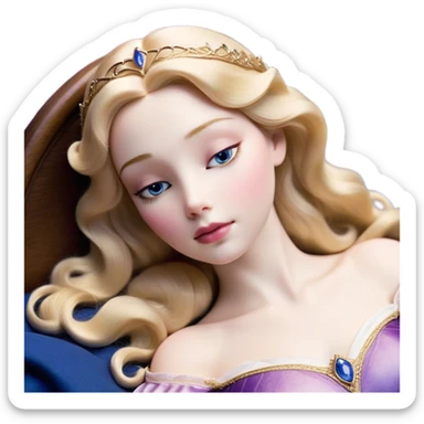 Cinematic Realistic Sleeping Beauty (Aurora) Portrait, with porcelain-like skin featuring a natural rosy flush, illuminated by soft lighting that highlights the gentle contours of her face. Her golden blonde hair flows in soft, detailed waves with subtle highlights that shimmer in the light. Her deep violet-blue eyes radiate warmth and innocence, framed by arched brows and long lashes. With a soft, serene smile, she holds a delicate rose gently in one hand, her other hand resting lightly by her side. She is dressed in her classic pink gown, the fabric rich in texture with delicate folds that catch the light. A golden crown rests atop her head, gleaming with royal refinement. The portrait captures a soft, glowing aura, blending realism with an ethereal sense of beauty and timeless enchantment. sticker