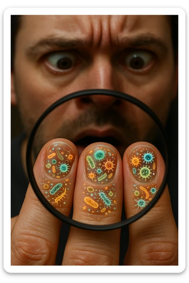 "Close-up macro shot of man's fingernails with transparent overlay showing dense colonies of bacteria, viruses, and parasites thriving in nail beds, millions of pathogens visible as glowing microscopic organisms, expression of shock as he examines his hands under magnification, nail debris containing more germs than toilet water, fingertips becoming mobile germ factories" sticker