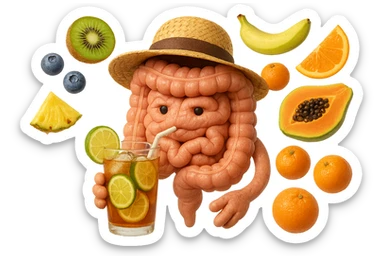 EMOJI STILE IPHONE DI INTESTINO UMANO REALISTICO CON CAPPELLO DI PAGLIA DA SPIAGGIA CHE BEVE UN Tè FREDDO IN BICCHIERE DI VETRO CON DENTRO  fette di cetriolo, limone, lime, DIETRO L'INTESTINO FLUTTUANO PEZZETTI DI Kiwi
Banana acerba
Arance e mandarini
Mirtilli
Ananas
Papaya
IPERREALISTICO 4K sticker
