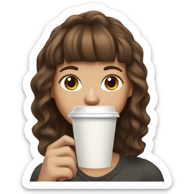 Girl with brown wavy hair, straight short bangs and white skin holding stabucks cup sticker