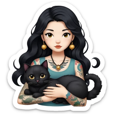 a Chinese girl with long black  Big Wave hair and tattoos and a black round faced cat  sticker