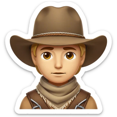 Clash of Clans aesthetic friendly Cowboy Portrait Emoji, With a rugged yet stylized build wearing a classic wide-brimmed hat and bandana, his face rendered in a natural skin tone (not yellow), determined eyes and a steely gaze, Simplified yet dynamic features, highly detailed, glowing with a warm, sunlit frontier radiance, high shine, brave and spirited, stylized with an air of Wild West heroism, focused and ready, soft glowing outline, capturing the essence of a fearless cowboy adventurer ready to ride into epic quests! sticker