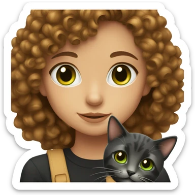Girl with curly dark brown hair and green hazel eyes with black merled cat sticker