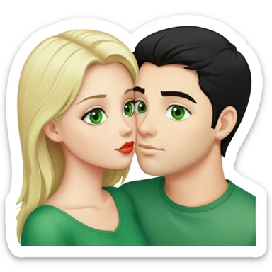 A blonde girl with fair skin and green eyes and a guy with fair skin and black hair and green eyes are kissing sticker