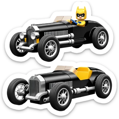 Batgirl’s Lego black Bare bones chopped streamlined sporty roadster (stripped down) hot street rodded engine sports car 1932 Rolls Royce Woody futuristic electric spaceship motors and lightning dynamos with wide racing wheels that are held strong by advanced suspension and steering sticker