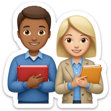 group of 5 colleagues 1 with computer, 1 with a copybook sticker