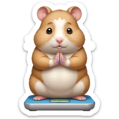 Cute chubby cartoon-style hamster standing on a bathroom scale, looking nervous with praying hands. Painterly shading, closed eyes, white background, sticker-style illustration sticker