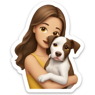 girl with brown hair holding pitbull puppy close to her face sticker
