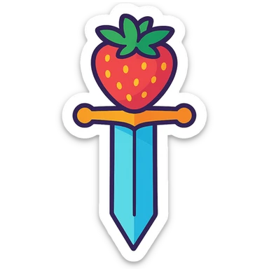 a sword with a strawberry as the hilt, whimsical design, playful, colorful, vibrant toon style sticker