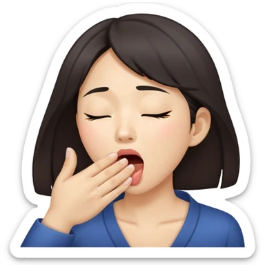Draw a scene of a woman in her 20s of East Asian descent yawning while covering her mouth with one hand sticker