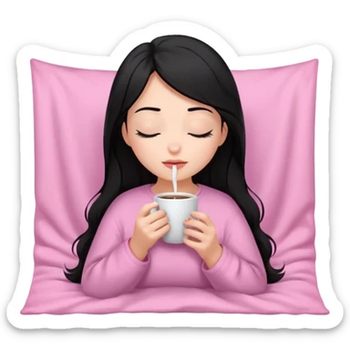 black haired girl inside a pink blanket sipping coffee with eyes closed and lashes sticker