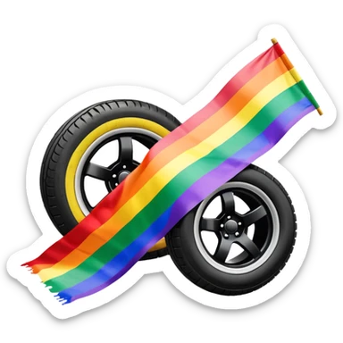 compact emoji-style vector of LGBT rainbow flag, vibrant and colorful, with bold realistic black tire skid marks diagonally across the flag, high contrast, clear, white or transparent background sticker