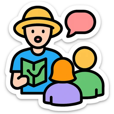 travel guide with hat and map, talking to tourists, color outline icon sticker
