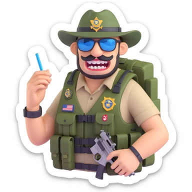 large goofy federal agent big buck teeth overloaded tactical vest gadgets redneck vibe chewing straw camo hat sunglasses 3D playful style sticker