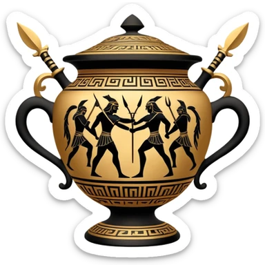 Cinematic-realistic Grecian urn, an exquisite black-figure pottery masterpiece resting in the dim glow of an ancient temple. Intricate golden depictions of two warrior fighting with spears and warriors encircle its curved form, telling timeless myths of heroism and tragedy.  sticker