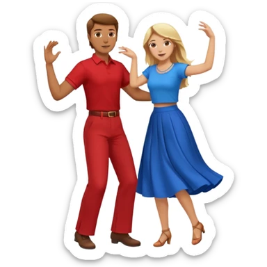 Two people dancing. Man in red shirt and  red pants with brown hair. Women in blue shirt and long skirt with blond hair. sticker