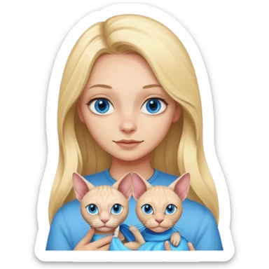 blonde girl with long hair and blue eyes holding a sphynx cat, emoji style sticker
