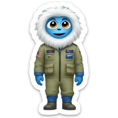 A yeti with big eyes wearing a khaki green flight suit with blue hands and feet sticker