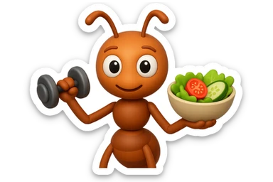 EMOJI STILE IPHONE 3D DI UNA formica CHE ha un manubrio da palestra nella mano destra e un insalata nella mano sinistra, FAGLI GLI OCCHI CON LA PARTE BIANCA, NON SOLO LA PUPILLA sticker