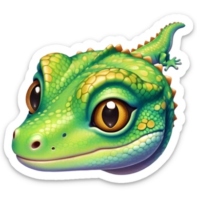cinematic-cute-realistic gecko-portrait-emoji,-head-tilted-playfully-and-inquisitively,-featuring-a-small,-charming-body-with-smooth,-vividly-patterned-scales,-bright,-sparkling-eyes-and-delicate,-sticky-toe-pads,-simplified-yet-irresistibly-adorable sticker