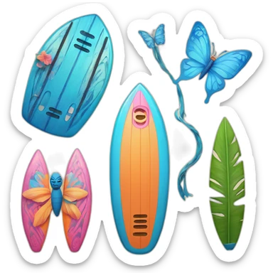 A surfboard Cartoon Blue and orange tiki smiling with butterfly and and Cartoon Blue and pink tiki singing with butterfly and mikrophone sticker