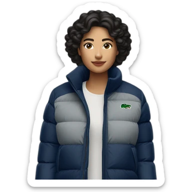 latina woman using Lacoste puffer jacket sticker
