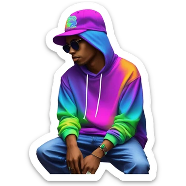 Multicoloured neon person smoking wearing hoodie dancing hip hop bucket hat tropical Skater fashion aesthetic baggy clothes graphic t shirt 420 sticker