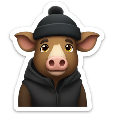 Bored brown boar in a black winter hat and black jacket sticker