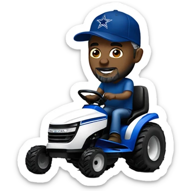 Bigger white man with short grey beard and blue Dallas cowboys hat riding lawn mower  sticker