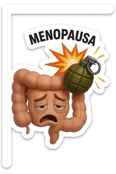 EMOJI STILE IPHONE 3D DI INTESTINO SFINITO CON ESPRESSIONE STANCA, ACCANTO A LUI SCOPPIA UNA GRANATA 3D CON LA SCRITTA "MENOPAUSA" SOPRA sticker