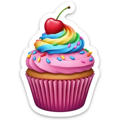 Cupcake with pink icing rainbow sprinkles and a cherry on top sticker