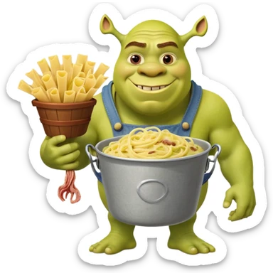 Shrek the green ogre holding a bucket full of carbonara pasta sticker