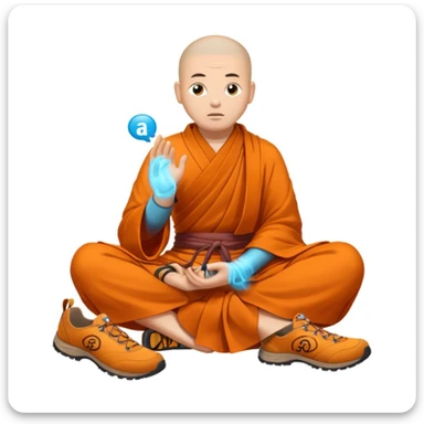 Je voudrais un moine bouddhiste avec un mulet qui pris en direction d’une paire de chaussures de trail, avec une bulle de pensée avec marqué trail sticker