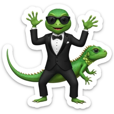 capitalist iguana banker in tuxedo and black sunglasses dancing sticker