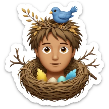 Man who has a birds nest on top of his head for hair sticker