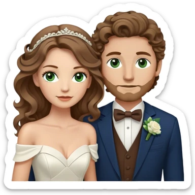 A bride and groom. Bride has brown hair with soft curls, has green eyes, wears an off shoulder dress. Groom has blond hair, dark blue eyes, wears a brown suit with a brown vest and a bolo tie. sticker