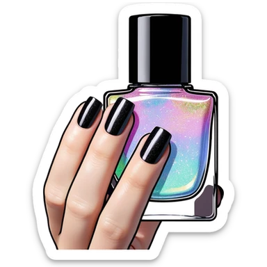 Realistic Holographic rainbow glitter nail polish, translucent bottle, black color top lid sticker