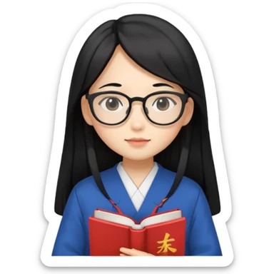 A student, asian girl, long black hair, wearing glasses, japanese uniform, hold book in front of their chest sticker