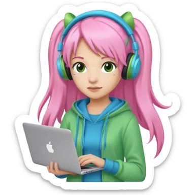 Create an emoji of a woman with long pink twin-tail hair. She is a game streamer, wearing green headphones, holding a MacBook, and dressed in a blue outfit. sticker