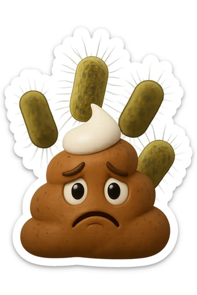 emoji stile iphone 3d di una cacca con muco bianco sopra, dietro cui fluttuano batteri intestinali tristi, iperrealistiche 4k sticker