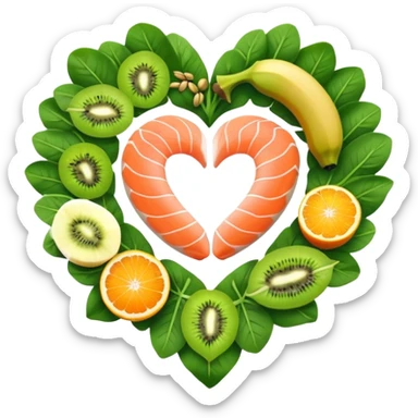 Banana, spinach leaves, salmon, kiwi, pistachios, and orange juice floating in a circle around a glowing heart that pulses with steady rhythm. Waves of electrical energy connect the foods to the heart, muscles, and nerve pathways, showing how potassium regulates fluid balance and electrical signals. sticker