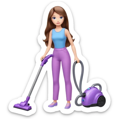 beautiful barbie girl with long brown hair, blue eyes and wearing light purple clothes, cleaning and vacuuming sticker