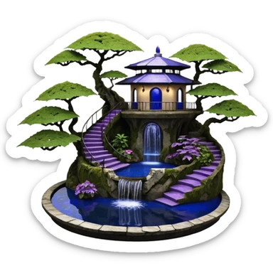 Alien saucer poolhouse jungle-vines winding narrow stairway fountain koi pond mountainside -island getaway nighttime landscape antique mudman very old broken cracked intricate Stone Age lapis-crusted irregular dodecagon-shaped shallow dark moss rough bark violet serissa flowered maple tree bonsai sticker