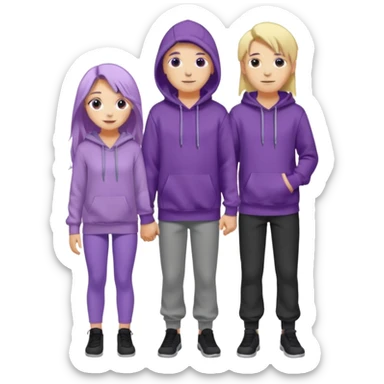full-length happy couple, girl with long purple hair and gray eyes in lilac hoodie, boy with blonde hair in black hoodie sticker